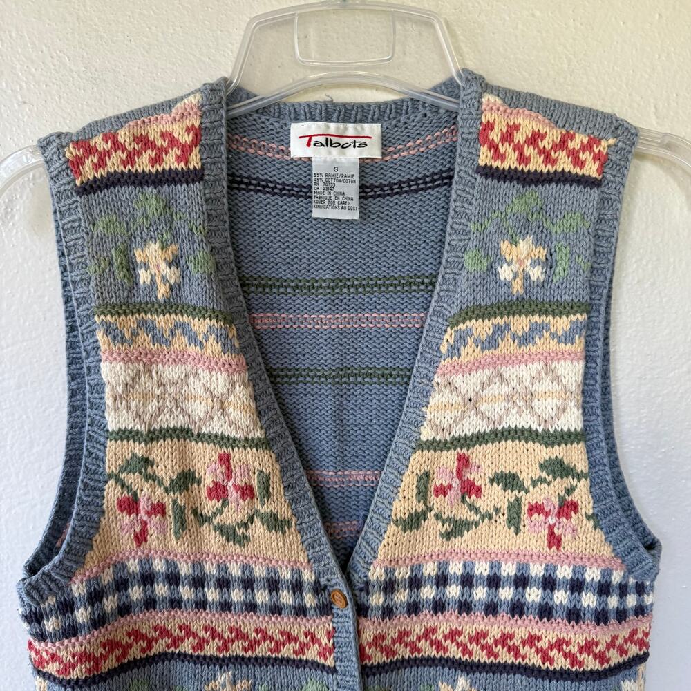 Talbots Size S Baby Blue knit Vest multicolor multi floral & geometric pattern - Picture 3 of 7